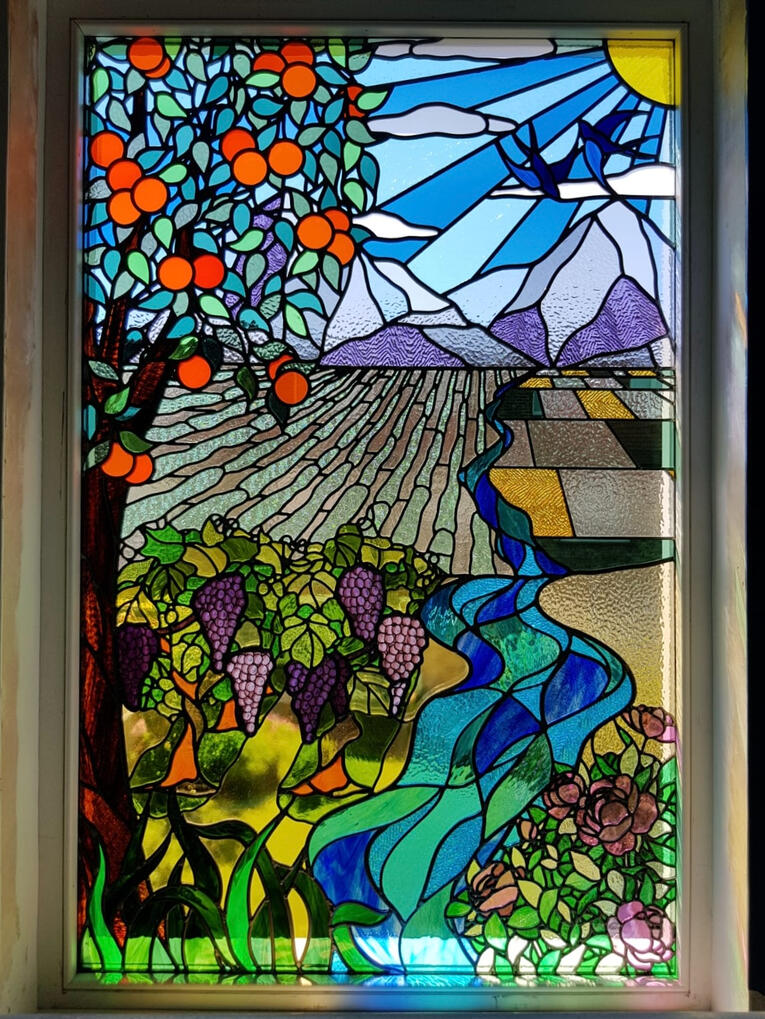 Wine Fields The stained glass designs shown in this section were designed and made by me during my employment at Coriander Stained Glass Studio. All copyright and intellectual property rights relating to these works belong to Coriander Stained Glass Studio. The image